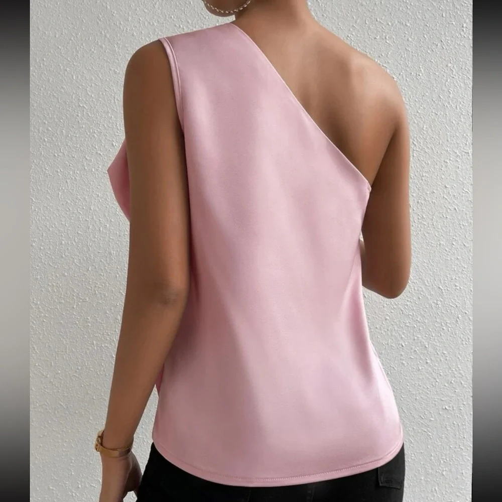 Luxe pink one shoulder satin blouse - Picture 3 of 6